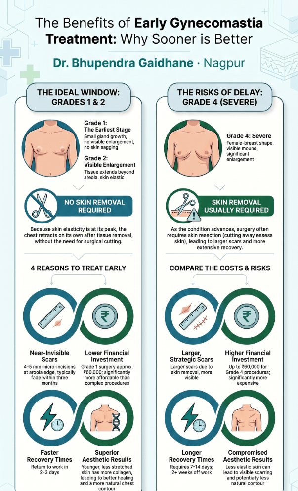 Early-stage gynecomastia is simpler to manage. Later stages often require more extensive procedures