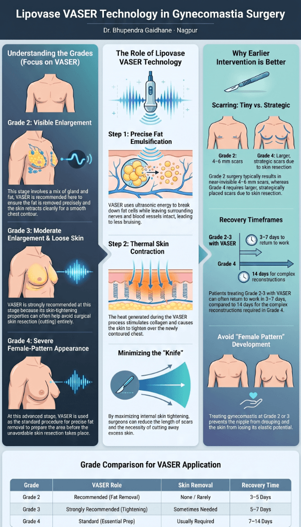 Infographic explaining Lipovase VASER technology in gynecomastia surgery, showing its role in fat emulsification, skin tightening, and reducing need for skin removal across Grade 2, Grade 3, and Grade 4, along with comparison of scarring and recovery times.